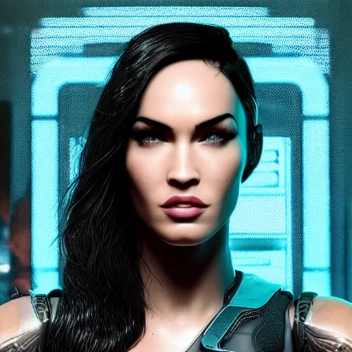 Image similar to Megan Fox portrait, Cyberpunk 2077, ultra photorealistic, cybernetic body parts, neon, octane, bokeh, 8k