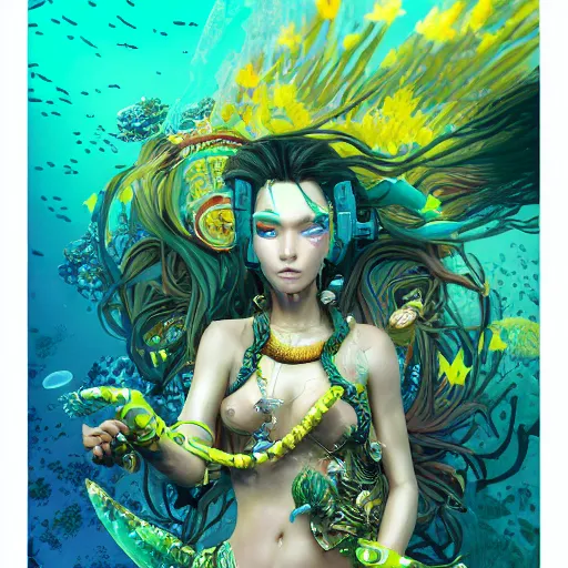 Image similar to highly detailed portrait of a cyberpunk mermaid swimming through a coral reef by Akihiko Yoshida, Greg Tocchini, 8k resolution, hearthstone inspired, sea green, yellow, blue, white, coral and black color scheme with graffiti
