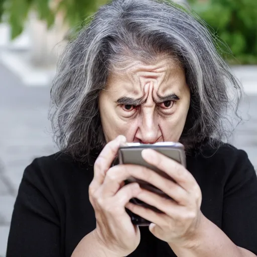 Image similar to astonished and angry middle aged lady looking at smartphone, unsure expression, uncombed hair, greek ethnicity, thin face structure, straight grey hair, angry eyes, photo, realistic, outdoor lighting, 4 k, 8 k, hd, 3 9 mm lens