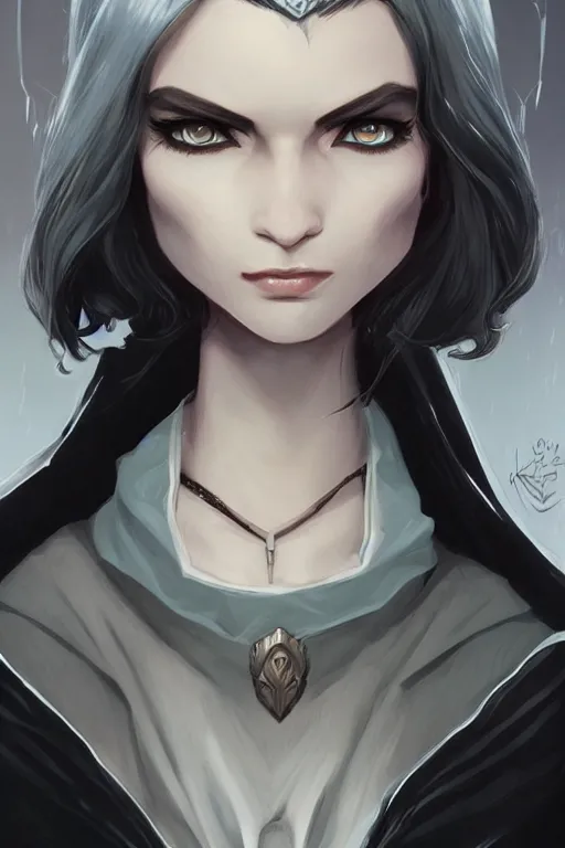 Prompt: grumpy dark haired women, ice mage, medium shot, by travis charest and ilya kuvshinov, black coat, black makeup, shooting ice, fantasy artwork, fantastic artwork, 4 k, trending on artstation