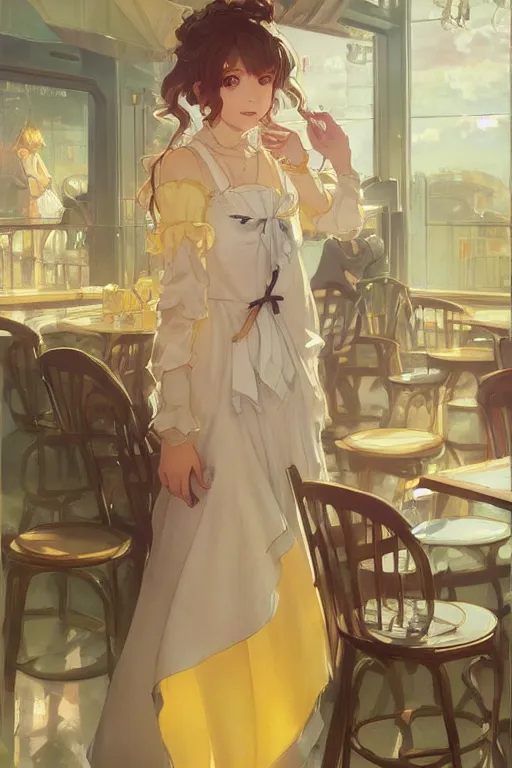 Image similar to A girl in a maid's outfit in a cafe a afternoon, wavy hair yellow theme,S line,45 angel by krenz cushart and mucha and arknights and greg rutkowski