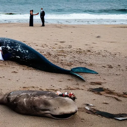 Prompt: a bride and groom pose together next to a rotting beached whale on a beach, wedding photo