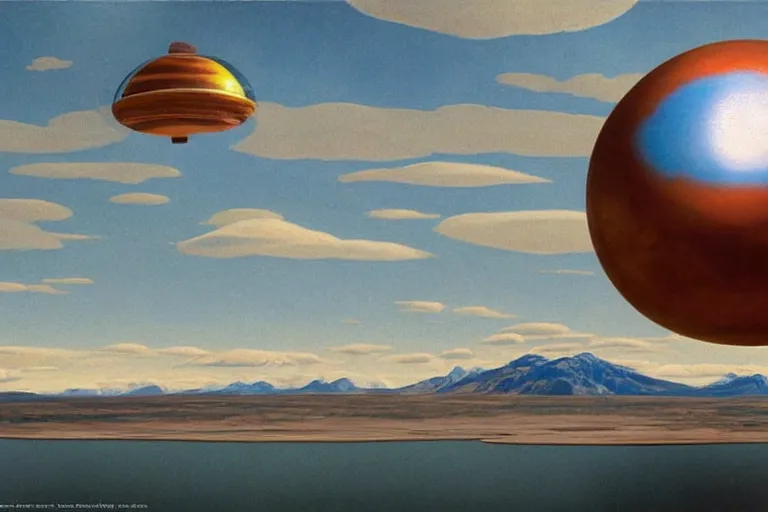 Image similar to a giant ((((metallic)))) floating sphere covered in canadian colorful aboriginal patterns!! hovering above a Yukon lake, (painted by Ralph McQuarrie), matte painting, very detailed, concept art