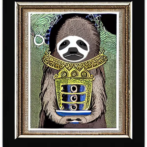 Image similar to sloth as the king of cups, framed, intricate details