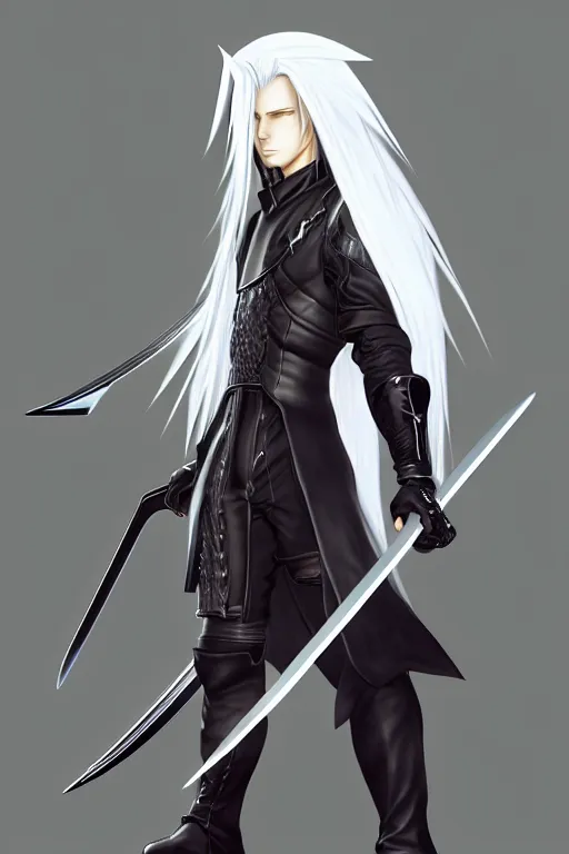 Prompt: sephiroth from final fantasy full view character design, highly detailed, wlop style, artstation, soft light, sharp focus, illustration