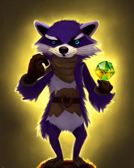 Image similar to 3 5 mm portrait of furry necromancer sly cooper raccoon holding a magical glowing gemstone in a crystal cave, d & d, magic the gathering, criag mullins, artgerm, wlop, disney, pixar,