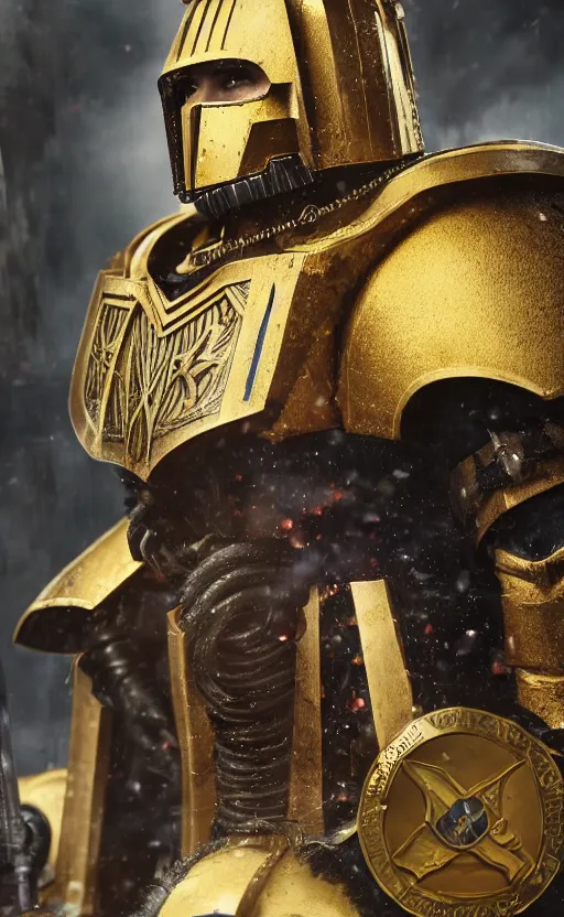 Image similar to Henry Cavill as warhammer 40k Emperor of Mankind dressed in his golden power armor. full-length portrait, beautiful face, long hair, painted by Donato Giancarlo and Annie Liebowitz, fine details, cinematic, highly detailed, octane render