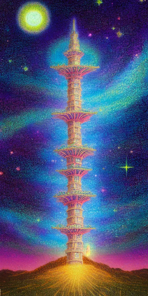 Image similar to a landscape pastel in the style of noriyoshi ohrai of an ancient holy tower, it has iridescent mana radiating from it. it is centered. the background is the starry sky at night. key art. 4 k retrofuturistic fantasy