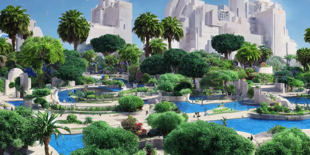 Prompt: verdant Mediterranean garden based on the design of carlo scarpa in a megacity made of travertine temples, a crowd wearing blue robes in the foreground, aztec starship in the sky, sci-fi, light blue sky with clouds, dramatic matte painting, style by syd mead, 8k, octane render, photorealistic, hyperrealism