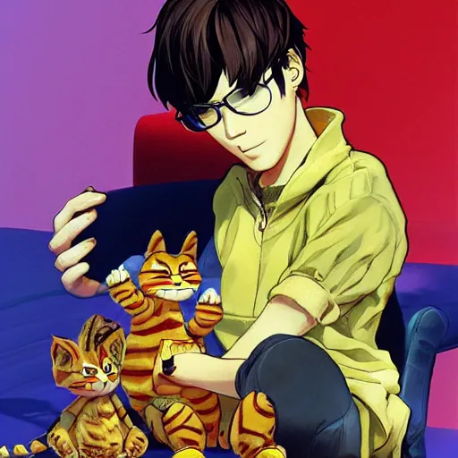 Image similar to Garfield the Cat, digital art, high quality, illustrated by Shigenori Soejima