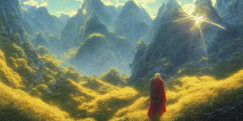 Prompt: wise man on mountain shrine vivid exuberant rolling mountains gustave dore colossal mountain range immaculate digital painting golden hour light mist refractive lighting lush greenery by makoto shinkai takashi takeuchi yoshiyuki sadamoto