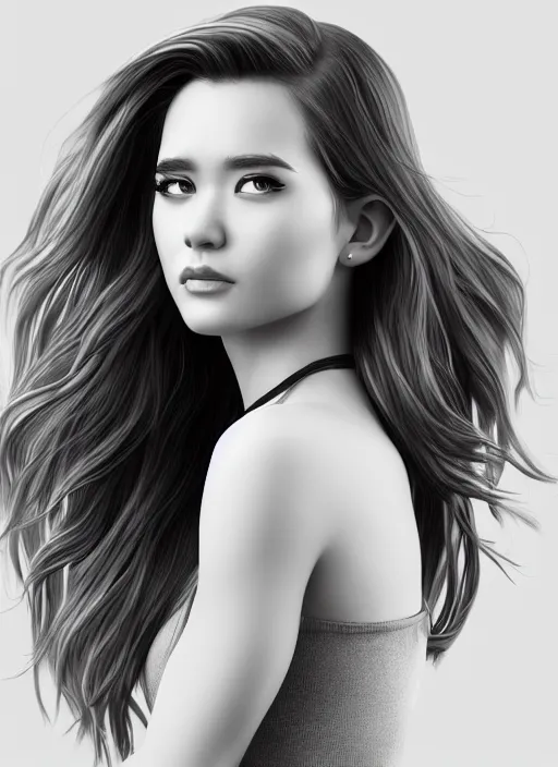 Image similar to full body portrait of a beautiful young woman in black and white, photorealistic, hair down to waist, sharp focus, in the style of Kevin Kostic, Stephen Lau and artgerm, hyper sharp focus, 8k highly detailed