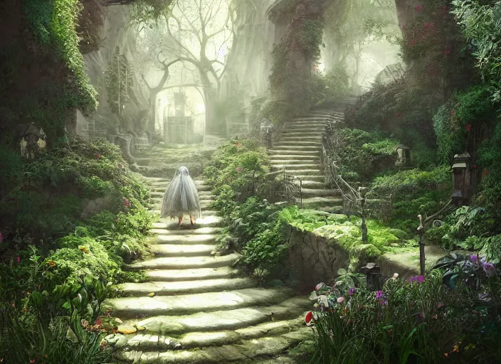 Prompt: secret garden, pathway, stairs, spooky, dark, in the style of pan's labyrinth movie, concept art, unreal engine 5, matte painting, artstation, caspar friedrich, wlop