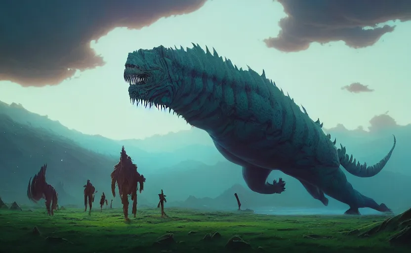 Image similar to highly detailed surreal vfx portrait of battle of colossal creatures from ancient legends, stephen bliss, unreal engine, greg rutkowski, loish, rhads, beeple, makoto shinkai and lois van baarle, ilya kuvshinov, rossdraws, tom bagshaw, global illumination, detailed and intricate environment