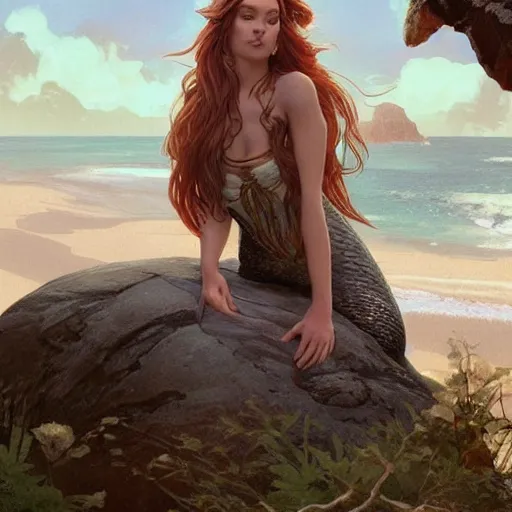 Image similar to mermaid siting on a rock, her hair is flowing down, highly detailed, digital painting, artstation, concept art, sharp focus, illustration, art by artgerm and greg rutkowski and alphonse mucha