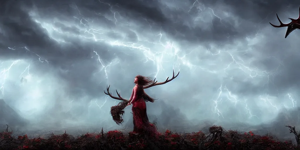 Prompt: highly detailed matte painting of a young woman with dark hair flying up out of nightmare land of thorns and antlers under a stormy sky, massive energy storm, rain, st. elmo's fire, featured on artstation