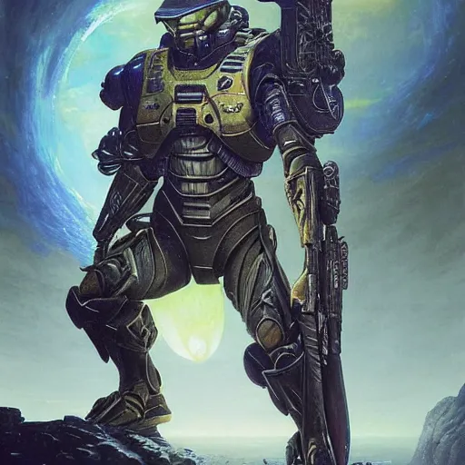 Prompt: fantasy style portrait painting of an master chief from barlowe's guide to extraterrestrials, high - tech city background oil painting unreal 5 daz. rpg portrait, extremely detailed wayne barlowe michael whelan artgerm greg rutkowski greg hildebrandt tim hildebrandt