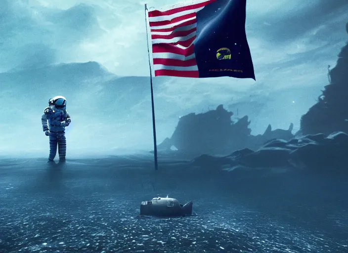 Image similar to astronaut holding a flag in an underwater desert. a submarine is visible in the distance. dark, concept art, cinematic, dramatic, atmospheric, 8 k, trending on artstation, blue, fish, low visibility, fog, ocean floor, christopher nolan, interstellar