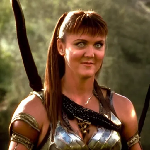 Prompt: Xena: Warrior Princess with a smug smirk on her face after triumphing in an epic battle.