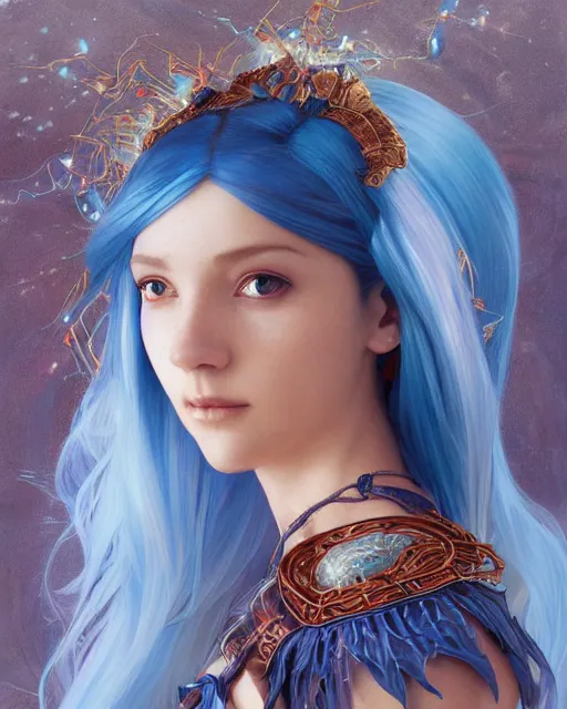 Image similar to Portrait of a blue haired Goddess, a spark of all creation in her hands, a tiny red dragonlet, intricate dress, wide angle, intricate, elegant, overdetailed, professional digital painting, artstation, concept art, smooth, sharp focus, 8K, art by artgerm and greg rutkowski and alphonse mucha and loish and WLOP