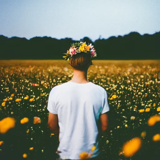 Image similar to kodak colorplus 2 0 0 photograph of a skinny blonde guy standing in a field of flowers, flower crown, back view, grain, moody lighting, telephoto, 9 0 s vibe, blurry background, vaporwave colors!, faded!,