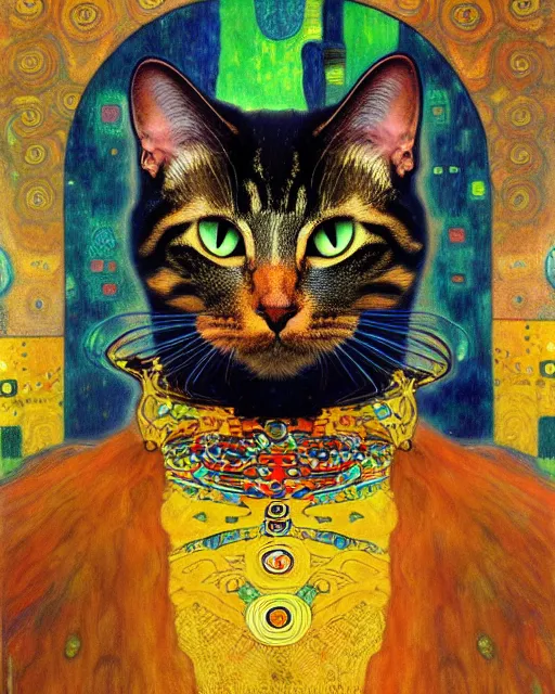 Image similar to demonic cat portrait an oil painting splashes with many colors and shapes by gustav klimt greg rutkowski and alphonse mucha, polycount, generative art, psychedelic, fractalism, glitch art