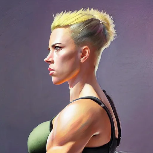 Image similar to greg manchess portrait of scarlett johansson as roided thick very muscular fitness model zarya from overwatch with short blond hair and ponytail, fantasy, medium shot, asymmetrical, profile picture, organic painting, sunny day, matte painting, bold shapes, hard edges, street art, trending on artstation, by huang guangjian and gil elvgren and sachin teng