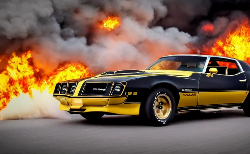 Prompt: a black and gold 1 9 7 3 pontiac firebird trans am sd - 4 5 5 driving high speed, fire explosion in the background, action scen. realistic. high resolution. dramatic