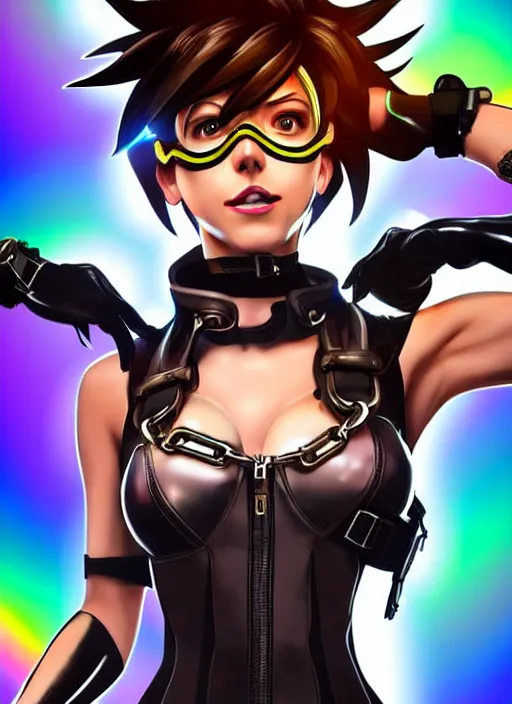 Image similar to full body digital artwork of tracer overwatch, wearing black iridescent rainbow latex, 4 k, expressive happy smug expression, makeup, in style of mark arian, wearing detailed black leather collar, wearing chains, black leather harness, leather cuffs around wrists, detailed face and eyes,