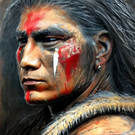 Image similar to A Native American warrior, war paint, realistic, sharp focus, 8k high definition, insanely detailed, intricate, elegant, art by Guy Denning