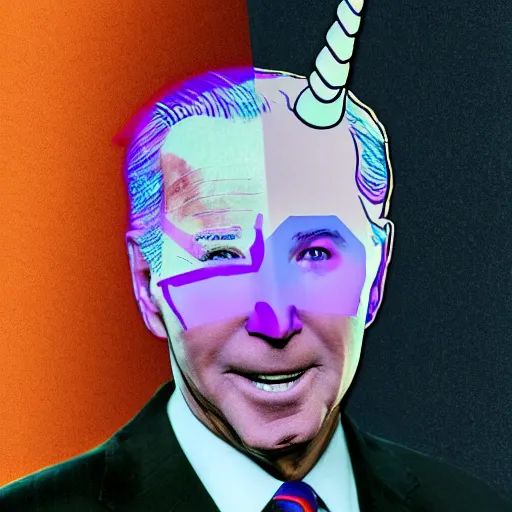 Image similar to unicorn with the head of joe biden in the sunset, detailed, photoshop