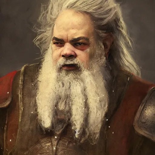 Image similar to Solomon Joseph Solomon and Richard Schmid and Jeremy Lipking victorian genre painting portrait painting of a old rugged actor dwarven king warrior in armor from the hobbit , red background