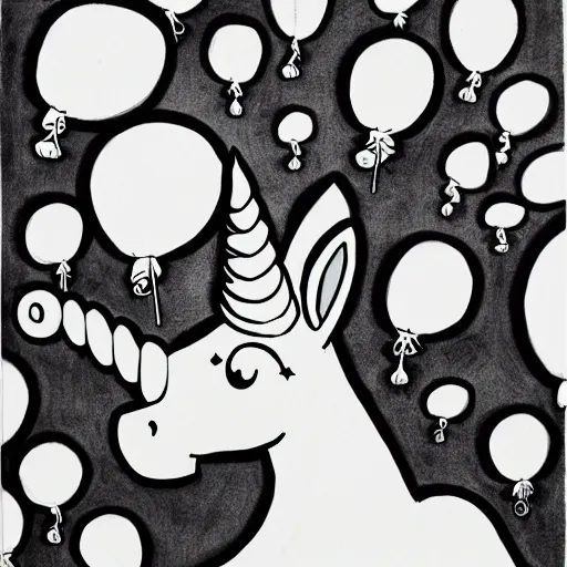 Image similar to unicorn with a smirk popping balloons with its horn, black ink on paper