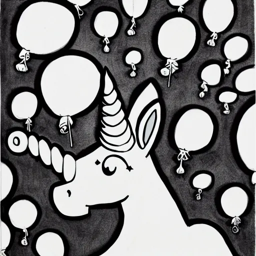 Prompt: unicorn with a smirk popping balloons with its horn, black ink on paper