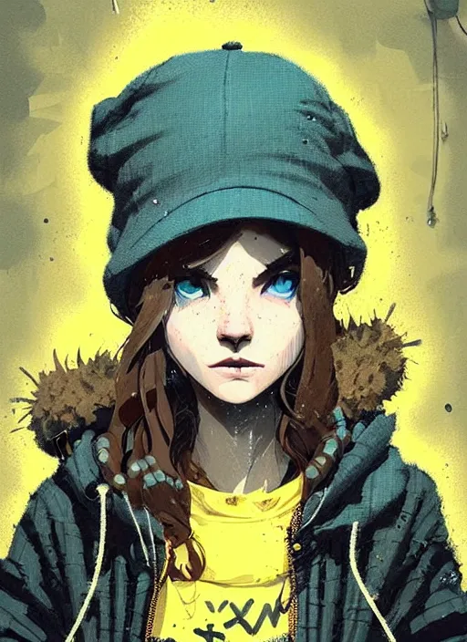 Image similar to highly detailed portrait of a sewer punk lady student, blue eyes, tweed hoody, hat, wavy hair by atey ghailan, by greg rutkowski, by greg, tocchini, by james gilleard, by joe fenton, by kaethe butcher, gradient yellow, black, brown and cyan color scheme, grunge aesthetic!!! ( ( graffiti tag street background ) )