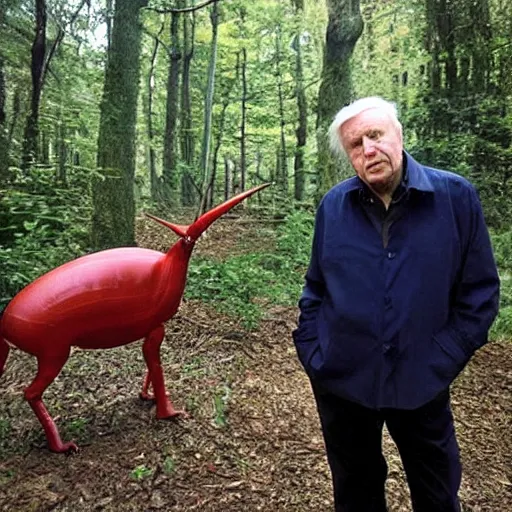 Prompt: Sir David Attenborough in the woods with the Jersey Devil