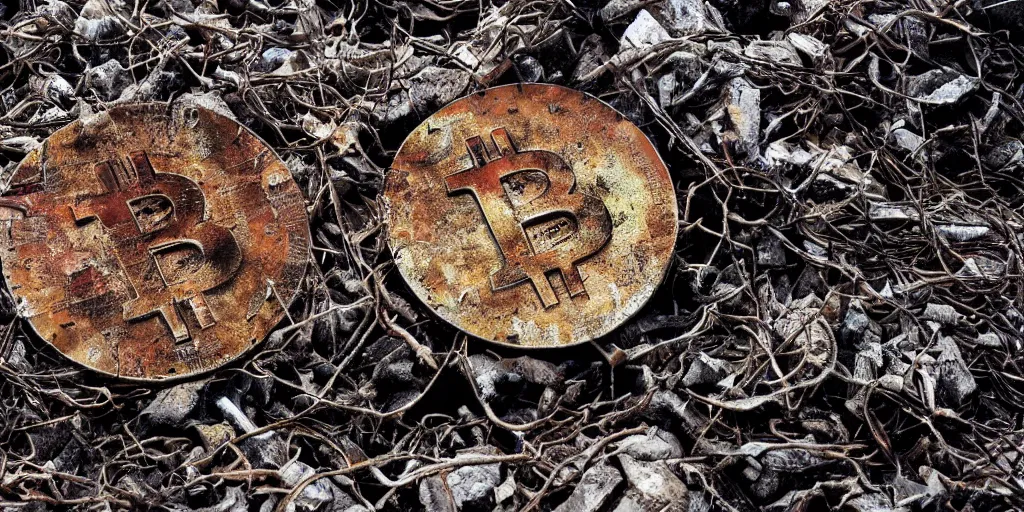 Image similar to giant rusted bitcoin being held by hundreds of the wretched of the earth, decadence decay and despair, dystopian art