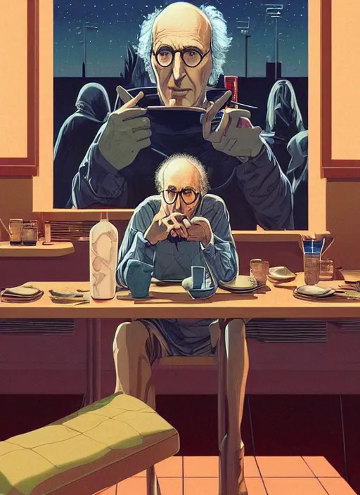 Image similar to poster artwork by Michael Whelan and Tomer Hanuka, Karol Bak of Larry David!!!!!! sitting alone in an empty diner at night, no one around, deserted, from scene from Twin Peaks, clean, simple illustration, nostalgic, domestic, full of details