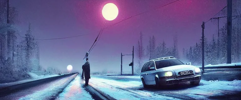 Image similar to Audi A4 B6 Avant (2002), a gritty neo-noir, dramatic bright lighting, cinematic, establishing shot, extremely high detail, photorealistic, cinematic lighting, artstation, by simon stalenhag, Snowy finnish road, At night, Poets of the Fall - Late Goodbye