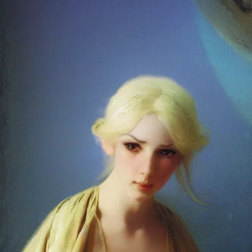 Prompt: a young woman's face, her hair is white and she wears a cobalt blue satin cloak, by ivan aivazovsky and syd mead and moebius and gaston bussiere and roger dean and pieter claesz and paul delaroche and alma tadema and aelbert cuyp and frans van mieris, hyperrealistic, volumetric light, octane render
