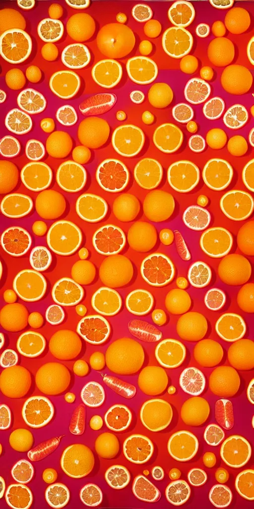 Prompt: campari and oranges organized in a seamless repeating pattern of campari and oranges, colourful, symmetrical, repeating 3 5 mm photography, in the style of toiletpaper magazine, surreal, high detail, photograph by slim aarons, wes anderson,