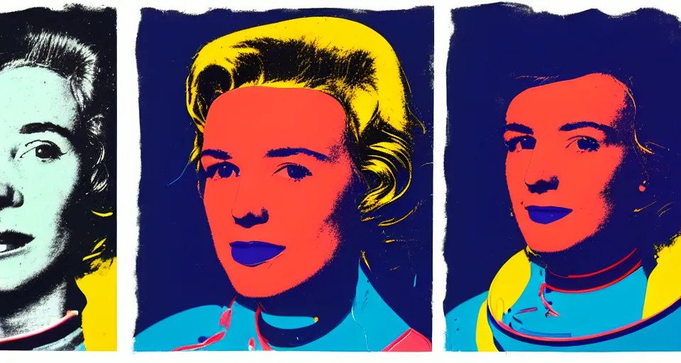 Image similar to a triptych of close up portraits of a very ordinary young woman in a NASA spacesuit, by andy warhol, colorful screenprint and scrawled charcoal lettering, anatomically correct, beautiful perfect face, sharp focus, Highly Detailed, Cinematic Lighting, 8k, HD