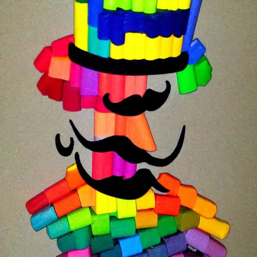 Image similar to a man made entirely from crayons with a top hat and mustache