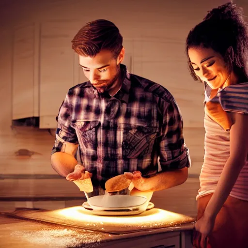 Image similar to one young man and one young woman baking waffles, romantic lighting, digital art