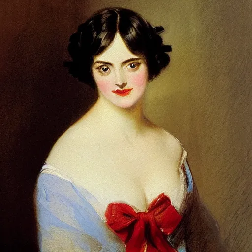 Image similar to Romanticism painting of a woman with short hair painted in 1825 by Sir Thomas Lawrence