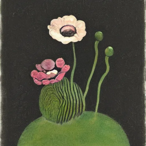 Image similar to earthy by maurice sendak, by dorothea tanning pitch black. a sculpture of a group of anemones in a vase