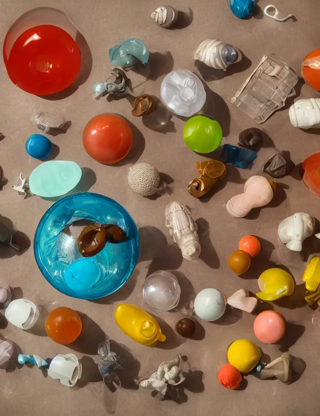 Image similar to a well - lit studio photograph of various earth - toned plastic toys floating in a bowl of water, some wrinkled, some long, various sizes, textures, and transparencies, beautiful, smooth, detailed, inticate