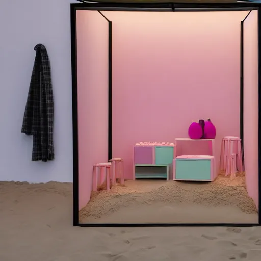 Prompt: An ultra high definition, professional photograph of ( an outdoor partial IKEA showroom inspired sculpture located on a pastel pink beach ((with pastel pink, dimpled sand where every item is pastel pink. )) The sun can be seen rising through a window in the showroom. The showroom unit is outdoors and the floor is made of dimpled sand. The showroom unit takes up 20% of the frame. )A square dot matrix sign displays an emoji somewhere in the scene. Morning time indirect lighting with on location production lighting on the showroom. In the style of wallpaper magazine, Wes Anderson.