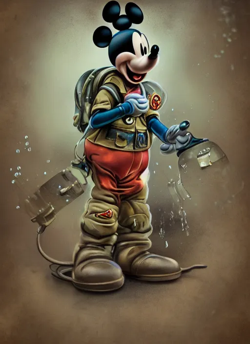 Image similar to 1 9 4 5 wartime mickey mouse, gas mask, automotive, flower pop, porcelain, fractal, leathery, wet, broken, melting, rococo, mycelium, baroque, sumerian, radiant alien, magic kingdom, octane render, high detail