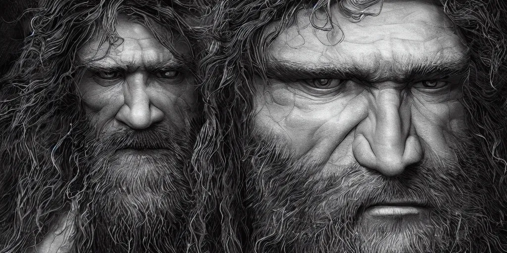 Image similar to hyperrealistic mixed media portrait of the geico caveman, forward angle, stunning 3d render inspired art by P. Craig Russell and Barry Windsor-Smith + perfect facial symmetry + dim volumetric lighting, 8k octane beautifully detailed render, post-processing, extremely hyperdetailed, intricate complexity, epic composition, grim yet sparkling atmosphere, cinematic lighting + masterpiece, trending on artstation
